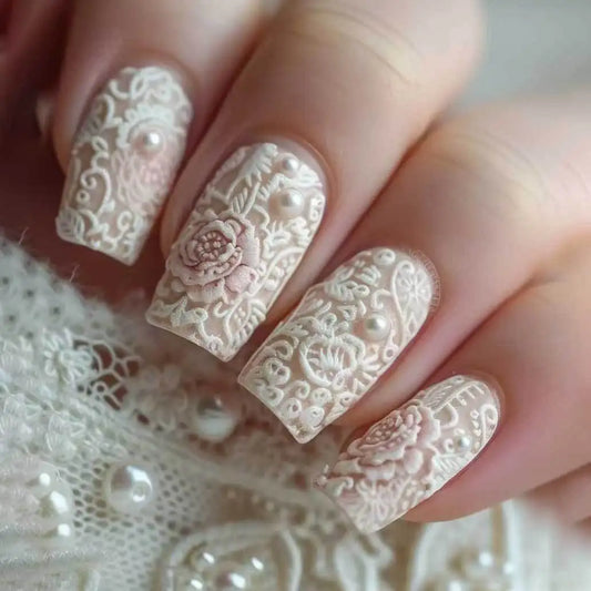 24Pcs 3D White Lace Totem Flower Fake Nails Press on Pearl Reusable Manicure Tips Mid-length Square Head Full Cover False Nails