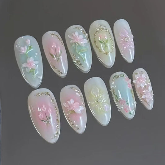 24Pcs Mid-length Almond Press on Fake Nails 3D Butterfly Flower Detachable False Nails with Blusher Pearl Full Cover Nails Tips