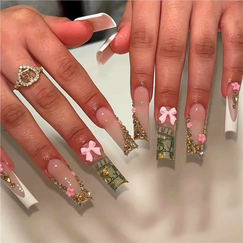 24Pcs Long Square Head French Fake Nail Tips 3D Love Heart Design Press on Nails with Rhinestone Pattern Wearable False Nail Art