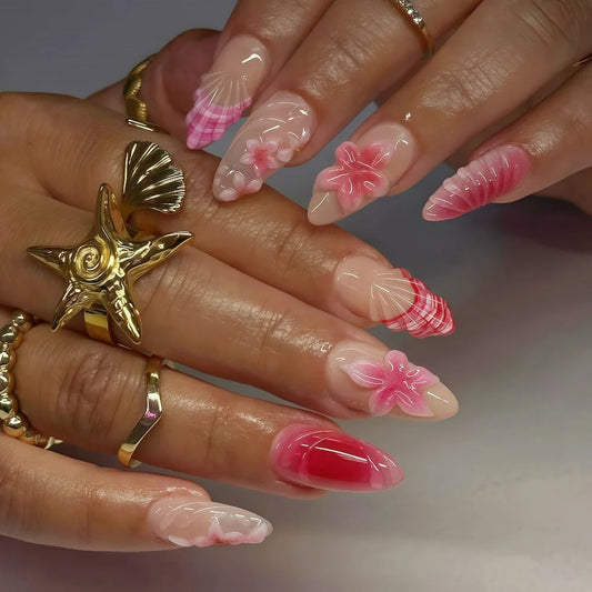 24pcs Sweet Pink Blush Fake Nail Tips 3D Gel Flower Design Press on Nail Wearable Detachable Ins Almond French False Nails