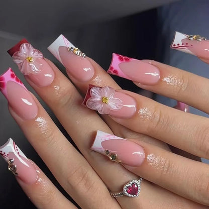 24PCS Spice Girls False Nails Sweet Cool 3D Pink Flowers with Diamonds Decoration Square Press on Nails Full Cover Wearable Tips