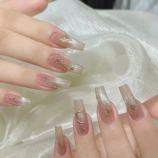 24pcs Finished Fake Nails Tips Diamond Pearl Decor Ballet Stick on False Nail Set Long Coffin Press on Nails Nude Color Manicure