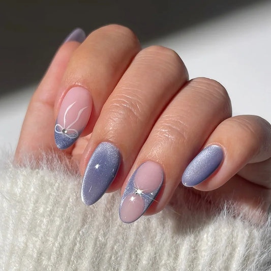 24pcs Cat's Eye Almond Fake Nail Wearable Blue French Nails Tips Bow Rhinestone Design Press on Nails Sets Simple Oval Manicure