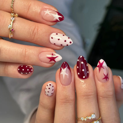 Y2K Girls Almond Fake Nails 24Pcs French Press On Nails Red/White Five-ponited Star/Polka Dot Printed Summer DIY Manicure