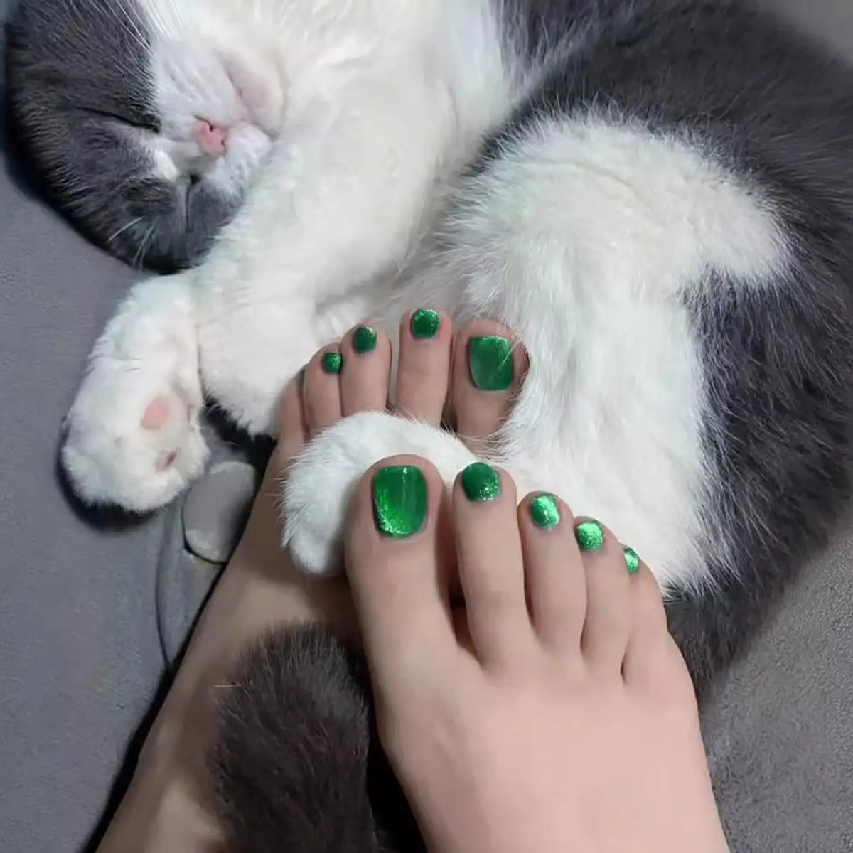 24PCS Short Square Cat Eye Fake Toe Nail Press Smooth Shiny Acrylic Nail Full Coverage Women's Nail Decoration Nail Art
