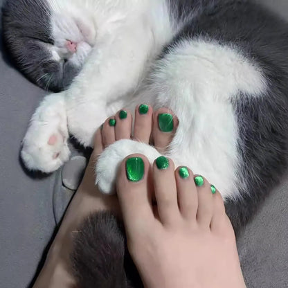 24PCS Short Square Cat Eye Fake Toe Nail Press Smooth Shiny Acrylic Nail Full Coverage Women's Nail Decoration Nail Art