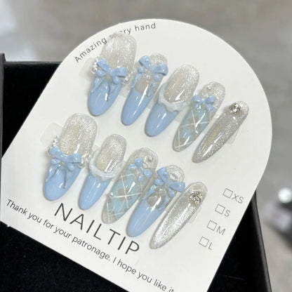 10pcs Pudding Little Bear Press On Nails Handmade Cute Blue French Style Bowknots Sweet Fake Nails Pink Cat's Eye  False Nail