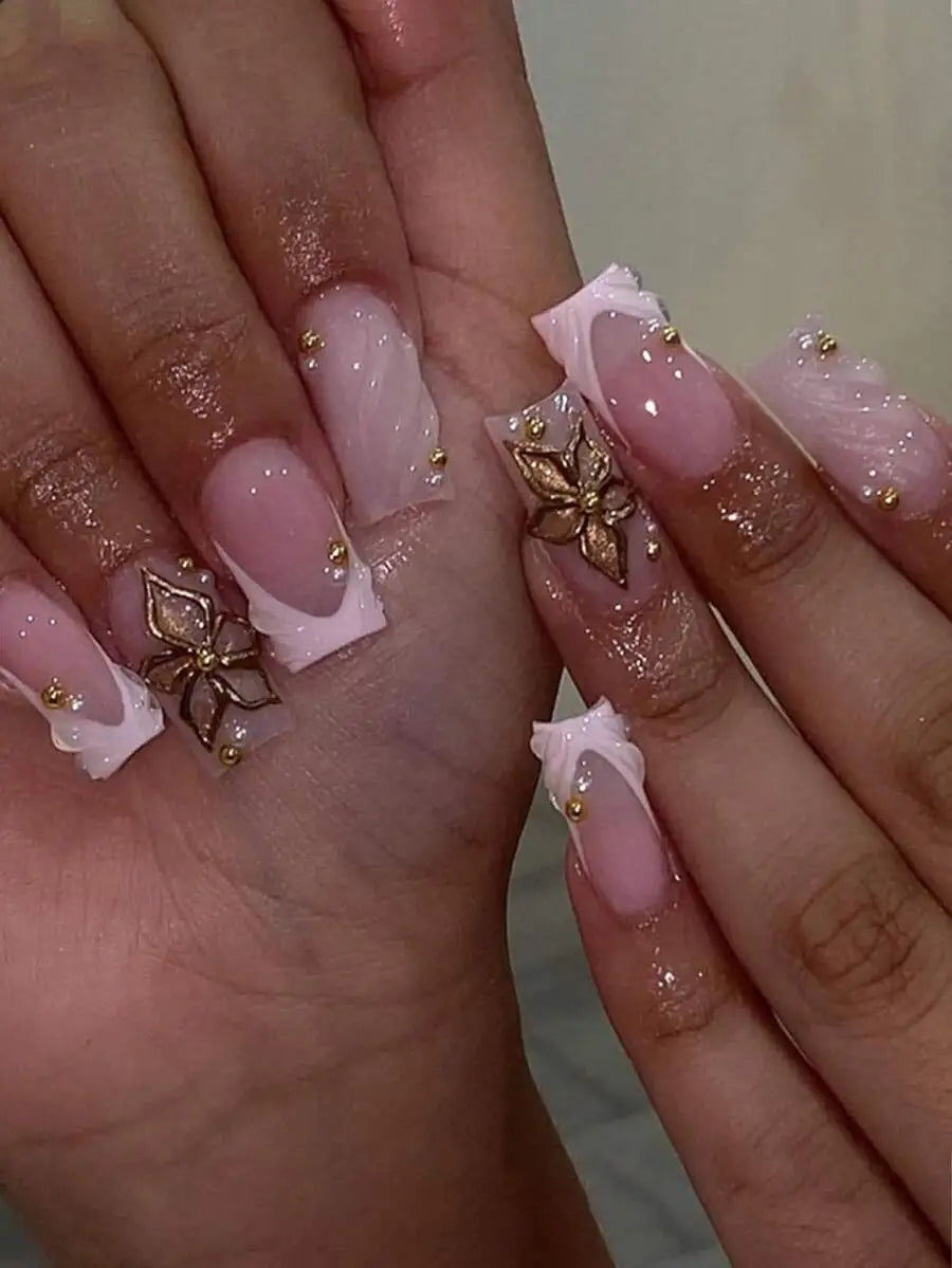 24pcs/Set Y2K French Medium Length Nail Tips, Sweet 3D Pink Flower & Wavy Design With Golden Beads Accent, Press-On Artificial