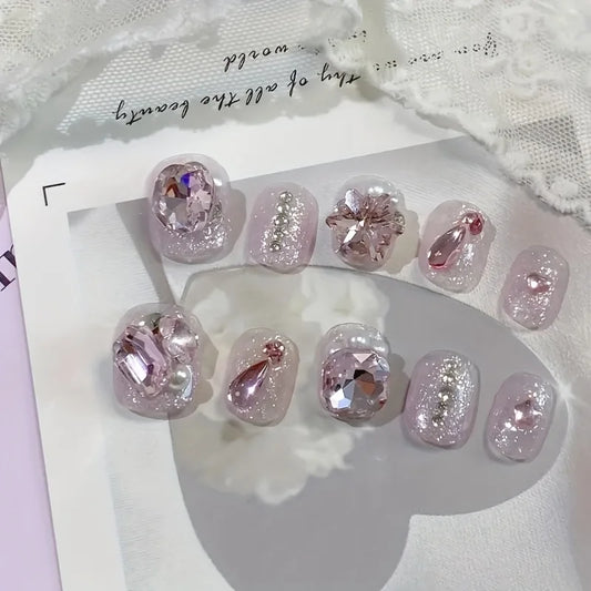 10pcs high-end Short show white burst love type handmade fake nails, Flash Sweet handmade manicure
