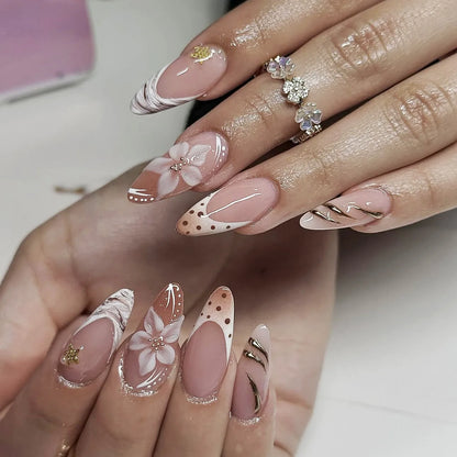 Harvest – Brown Floral 3D Almond Press-On Nails