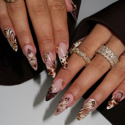 24pcs Spicy Girls French False Nails with Flower Leopard Print Design Long Almond Fake Nail Tips Brown Gold Bead Press on Nails