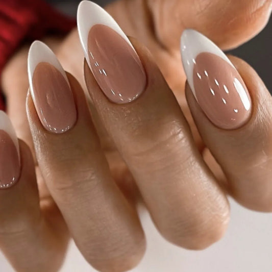 24pcs French White Fake Nails Simple Nude Pink Design Short Almond False Nail Sets Datachable Oval Press on Nails Tips Finished