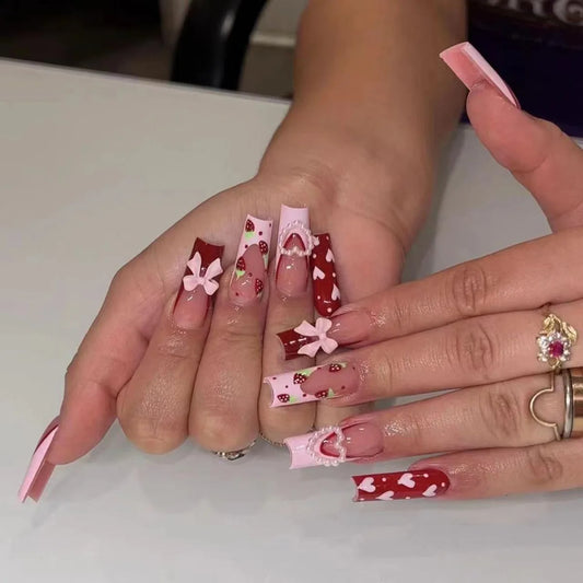 24pcs Pink Bow Design Fake Nails French Long Ballet False Nail Art with Strawberry Pearl Full Cover Nail Coffin Press on Nails