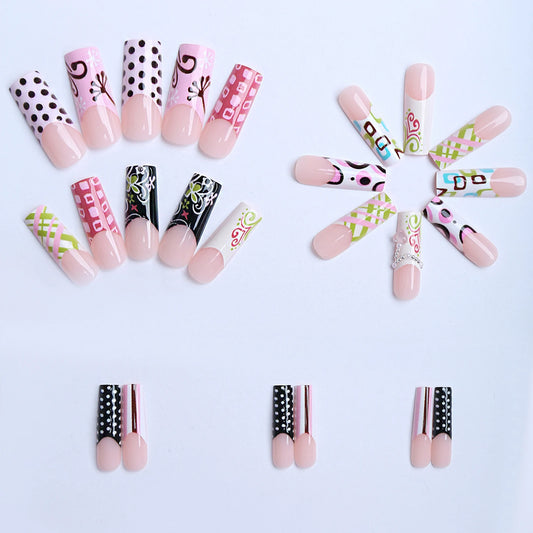 24Pcs Fake Nails Square Press on Nails Stripe Dot Reusable Artificial Nail Tips Manicure Tool Nail Tips Wearable Fake Nails