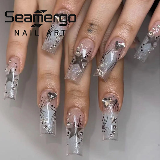 24PCS Long Square Clear Silver Glitter Press on Nails Star Heart Rhinestone Decor Black Line Art Y2K Style Reusable False Nails