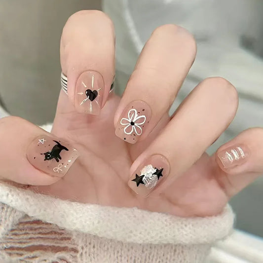24pcs Detachable Fake Nail Tips Star Flower Short Square Nails Sets Press on Simple Nude Color Ballet False Nails Art Finished