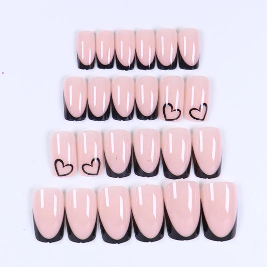24pcs Short Square Love Design Press On Nails with Black French Tip, Fake Press On Nails, Cute Acrylic Nail Stickers, Easy to Ap