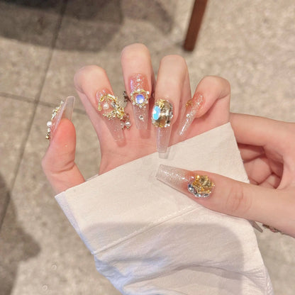 Handmade Press On Nails Gold Diamond Butterfly Metal Chain Pearl Decor Fake Nail Patches Flash French Style Luxury False Nails
