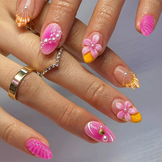 24pcs Short Almond False Nails Blush Rose Pink Seashell Pattern French Style Fake Nails Flower Printed Press On Nail For Summer