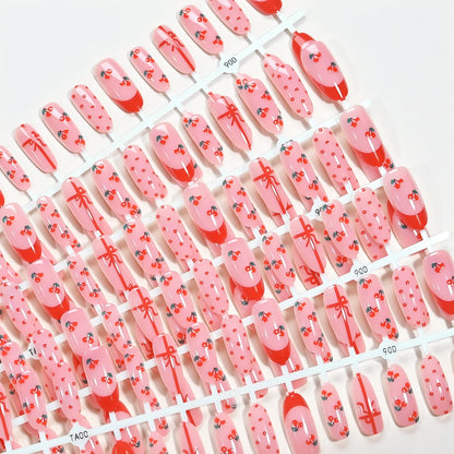150Pcs Ombre Pink Apple Soft Gel Fake Nail Tips Star Polka Dot Print Almond Press On Nails Summer Fruit Theme False Fingernails