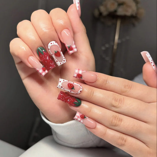 24pcs Red Fake Nail Sweet French Strawberry Nails Sets Press on Mid-length Square Nails Tips Wearable Ballet False Nail Finished