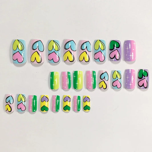24PCS Short Square Cartoon Love Heart Fake Nail Y2K Macaron Color Full Cover Press on Nails Sweet Removable Vitality False Nails