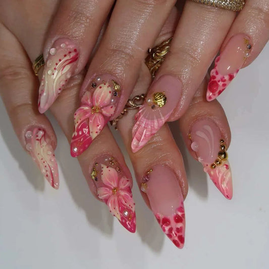 24Pcs Almond French Press on False Nails Full Cover 3D Flower Yellow Pink Gradient Fake Nails Shell Pearl Reusable Manicure Tips