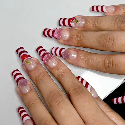 24pcs Sweet Cherry Press On Nails Red Stripes French Style Long Square False Nails With 3D Pink Bowknots Star Decor Fake Nail