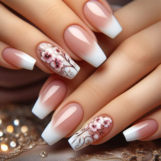 24Pcs Mid-length Ballet Press on Fake Nails with Shiny Powder Flower False Nails Art Detachable Artificial Full Cover Nails Tips