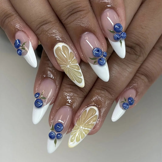 24pcs Summer Fresh Fake Nail Tips White Edge French Style Lemon Blueberry Ptinted Press On Nail Long Almond Korean False Nails