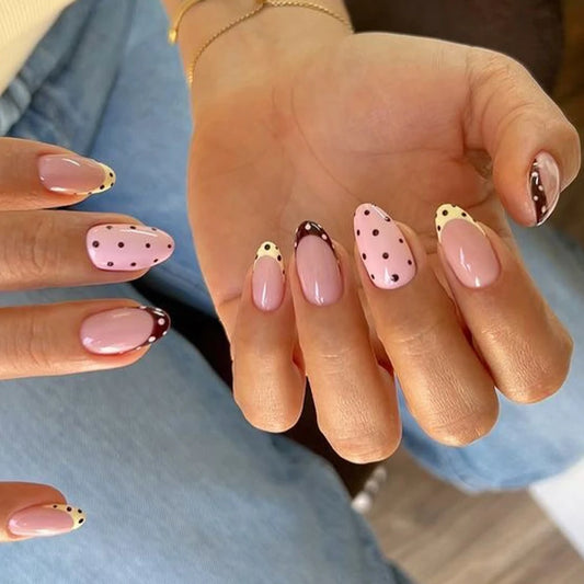 Color Blocking French Polka Dot Nail Art Summer Fashion Short Almond Fake Nails Detachable Finished False Nails Press on Nails