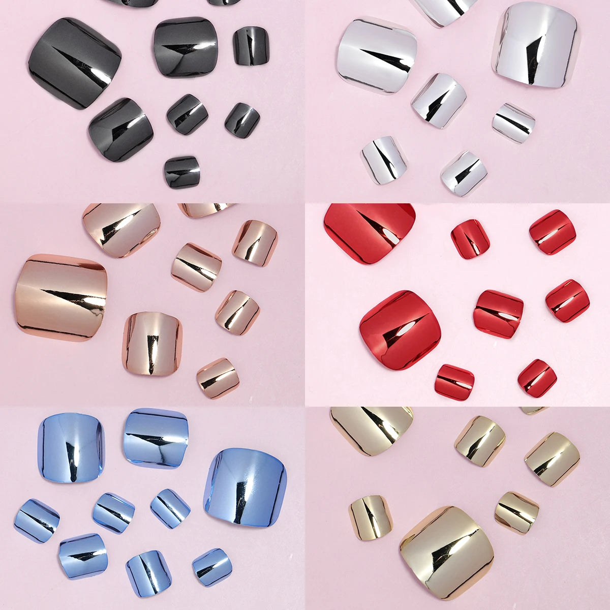 24 pcs Glossy Gold Silver Metallic Mirror Press On Chrome Toenails Short Square Fake Toenails for Women and Girls