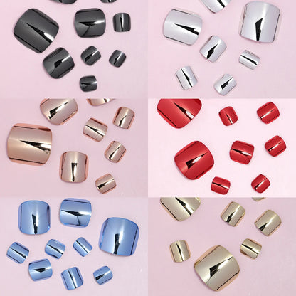 24 pcs Glossy Gold Silver Metallic Mirror Press On Chrome Toenails Short Square Fake Toenails for Women and Girls