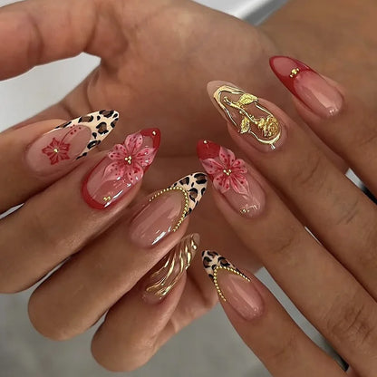 24Pcs French Short Almond Acrylic False Nails Full Cover Flower Pink Sweet Lovely Finished Nail Set Wearable Artificial Manicure