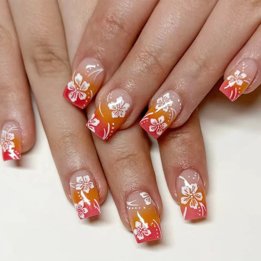 24pcs Flower Stick on Fake Nail French Gradient Short Square False  Nails Datachable Press on Nails Simple Ballet Manicure Tips