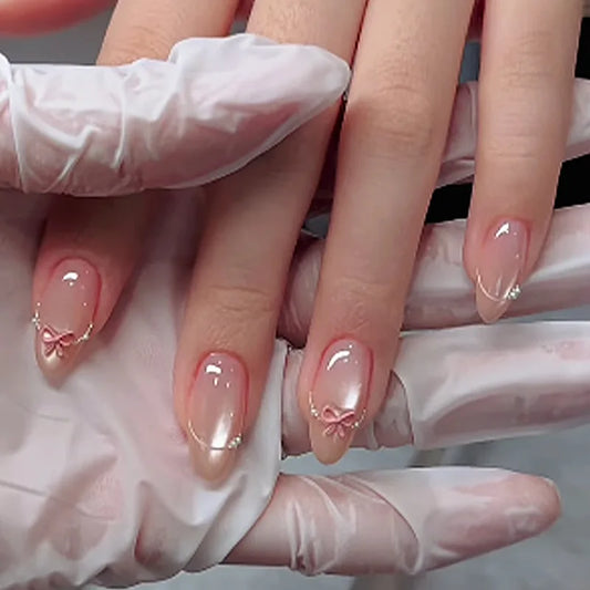 24pcs Almond Nude Color False Nails Sets Bow Rhinestone Design Oval Fake Nail Tips Detachable French Press on Nails Art Manicure