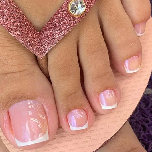 24pcs French Fake Toenails Pink Gradient Full Cover Short Square Toe Nails Foot Nails Tips for Women Girls