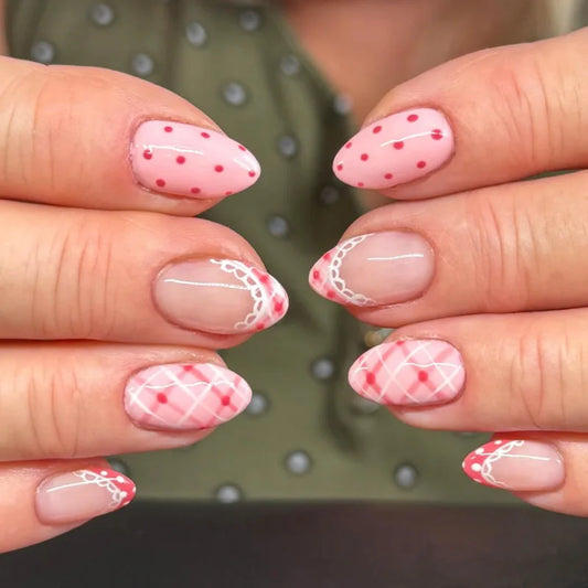 24Pcs Short Almond False Nails Press on Pink Stripe Lace French Design Full Cover Nails Tips with Polka Dot Reusable Fake Nails