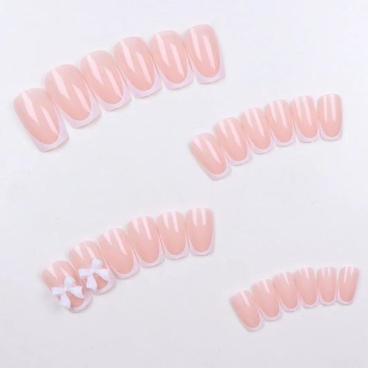24PCS White French Pointed Short Square Pink Fake Nail Strap Design, Charming Pink Bow, Reusable Fake Nail