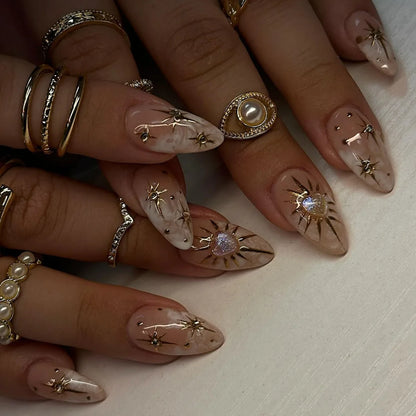 24pcs Round Head Almond Fake Nails White French False Nail Flower Stick on Nail Tip with Golden Design Short Press on Nails Sets