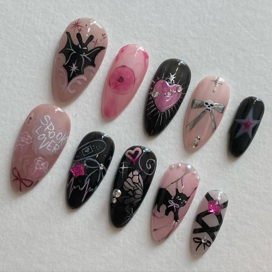 24pcs Black Mid-length Almond False Nails Spicy Girls Bow Pearl Design Wearable Fake Nail Set with Starlight Press on Nails Tips