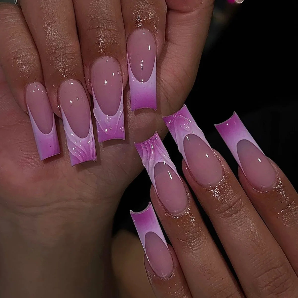 24pcs Long Square False Nail Tips Sweet Pink Nails Sets Press on Butterfly Flower Diamond Design Coffin Fake Nails Art Manicure