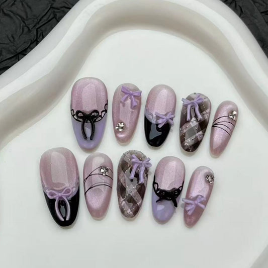 10pcs Cat's Eye Handmade Fake Nails Tips Bow Purple French Press on Nails Art with Glitter Diamond Design Spicy Girls False Nail