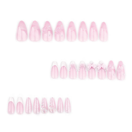 24pcs White French Style Press On Nails Glossy Pink Almond Korean Sweet False Nails Bowknots Camellia Butterfly Press On Nail