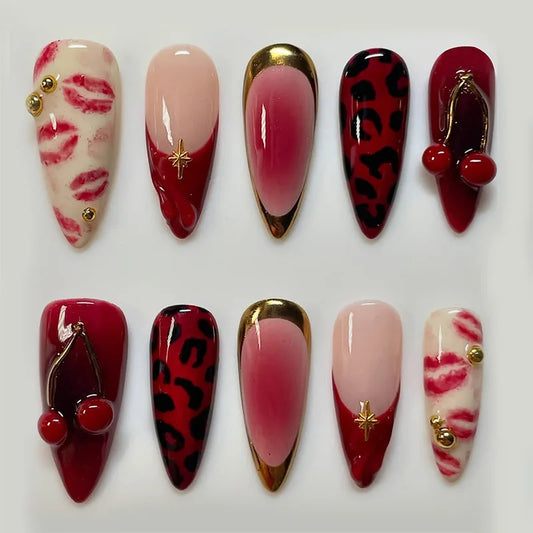 24pcs Red Almond False Nails Art Pearl Cherry Design Stick on Nail Tip Datachable French Leopard Print Short Press on Fake Nails