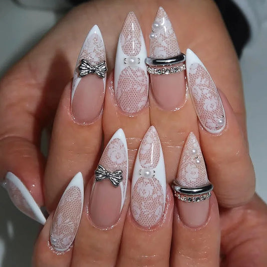 24pcs Long Stiletto Pink False Nails Finished Wearable French Fake Nail Tips Polka Dot Bow Full Cover Almond Press on Nails Art