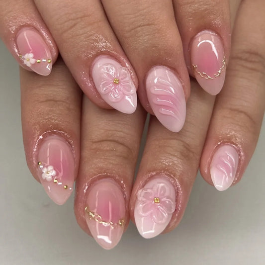 24Pcs Short Almond Full Cover False Nails Tips with Pink Smudge 3D Flower Design Press on Nails Pearl Detachable Fake Nails Art