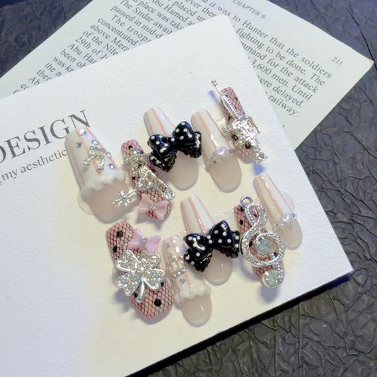 Musical Notes Retro Vintage Gyaru French Handmade Press on Nails 3D Rose Bow Pearl Pink Fake Nails Y2K Cute Long Coffin Nail Art