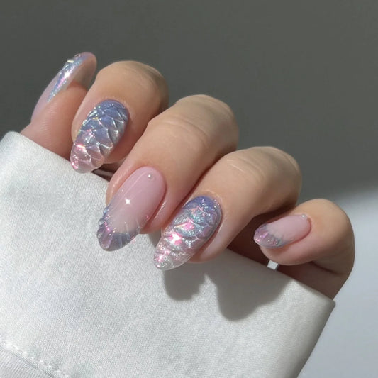 24pcs Finished Oval Fake Nail Art Shell Pattern Mid-length Almond False Nail Glitter Aurora Design Nails French Press on Nails