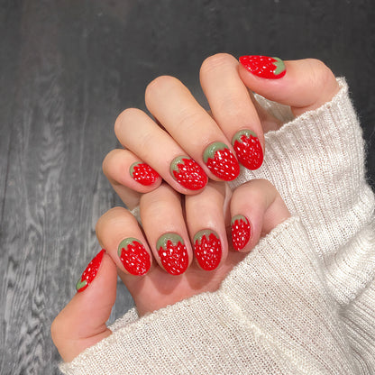 10pcs Cute Short Round Fake Nails Handmade Red Strawberry Designs Cat's Eye Press On Nails Full Cover Sweet Detachable False Nai